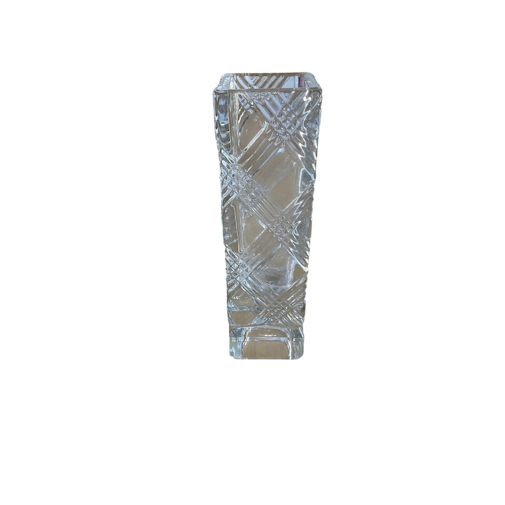 Avon Vintage Crystal Bud Vase Square Column Crisscross Cut Clear Glass 7 Inch